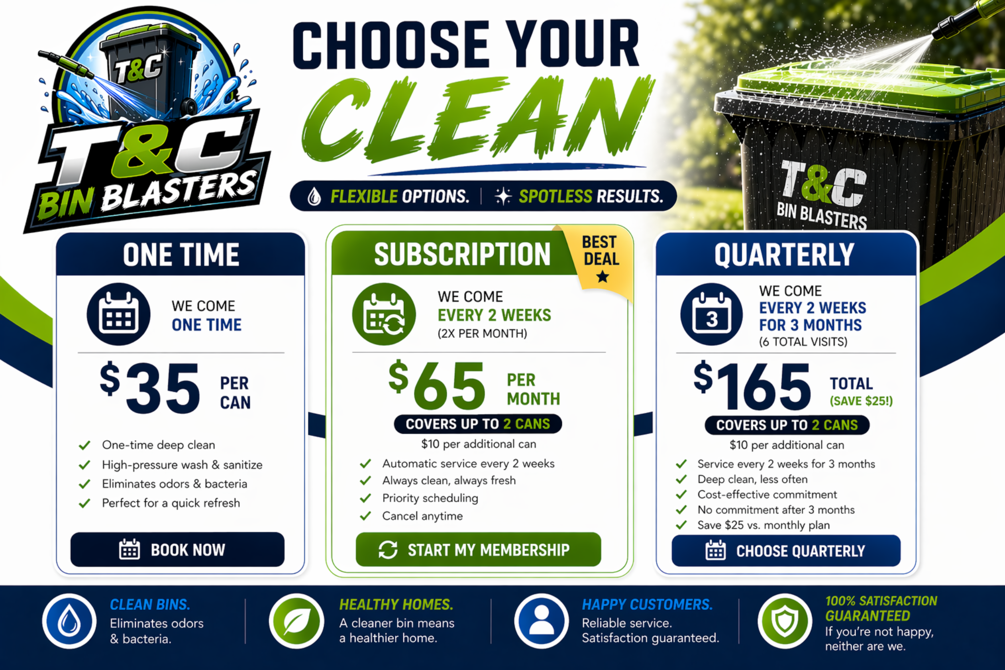 Comparison graphic showing one-time, subscription, and quarterly trash bin cleaning options